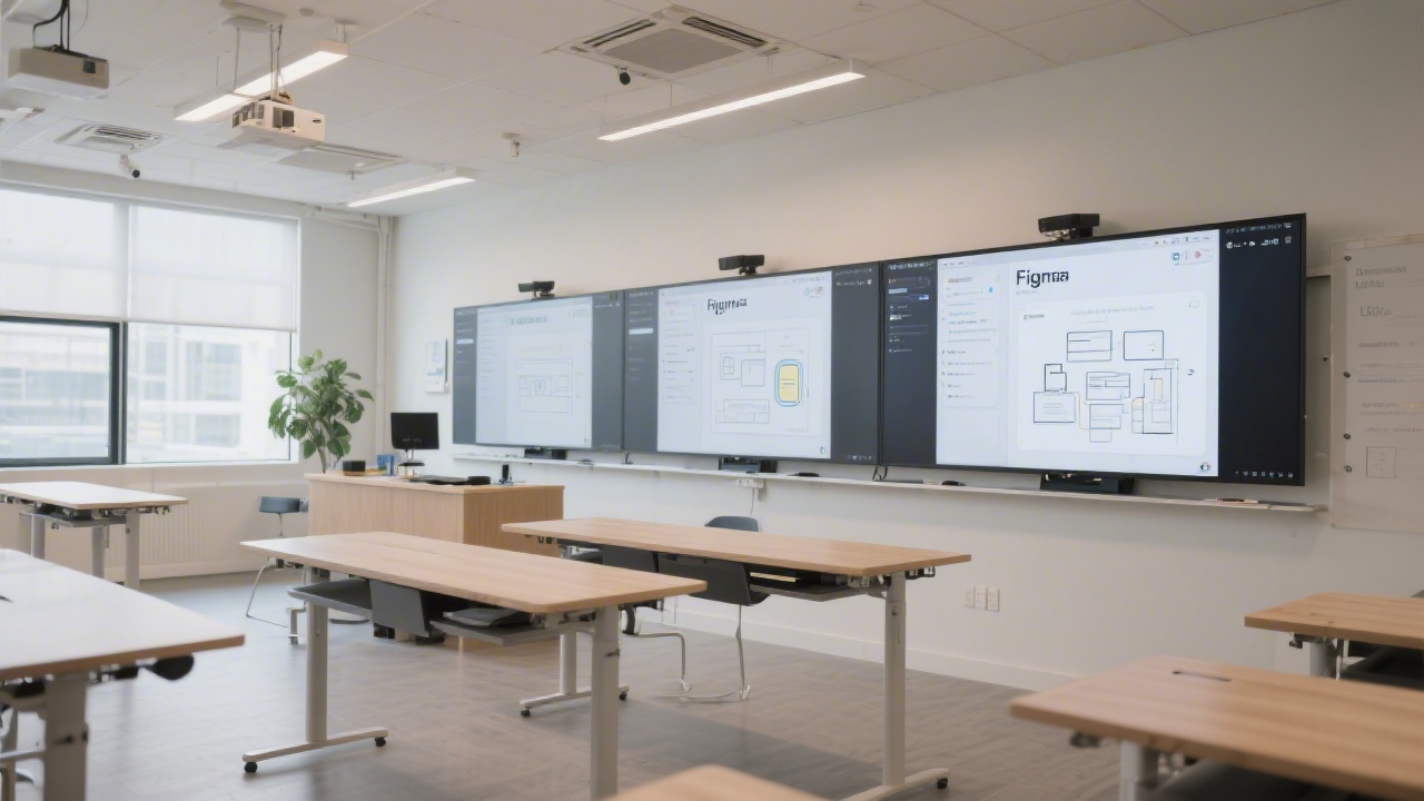 Wide view of a modern classroom with standing desks and large screens showing Figma prototypes, featuring a calm, professional environment for UX training.